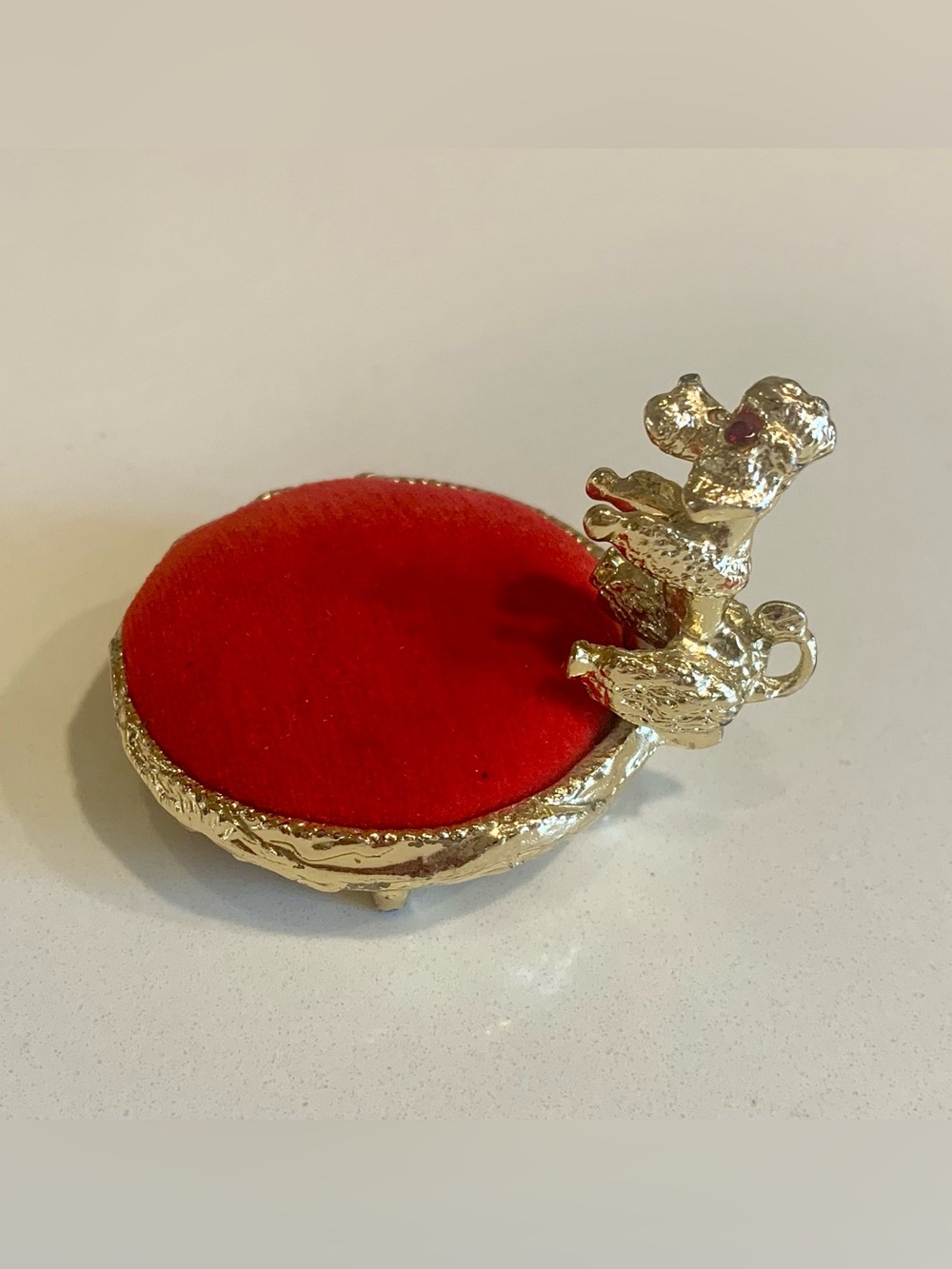Vintage Red Velvet Pincushion With Gold Poodle Crystal Eyes Jewelry Ring Holder